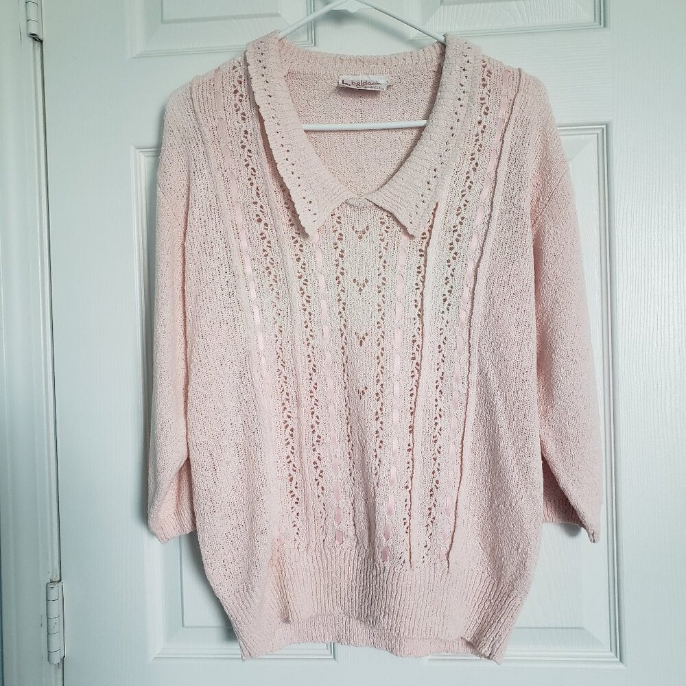 Vintage Beldoch Popper Knit Sweater Sz S Powder Pink Oversized Cottagecore Twee